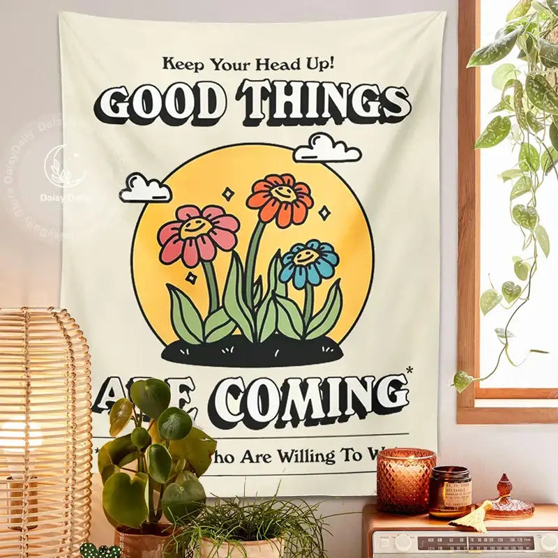 A cream wall hanging decorbites cartoon flowers tapestry with cheerful smiling flowers and motivational text for bedroom decor