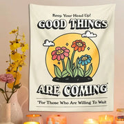 Kawaii cream cartoon flowers tapestry wall hanging decorbites cartoon flowers with cheerful sun and motivational text