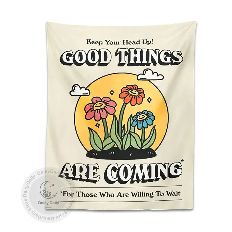 Cream-colored wall hanging decorbites cartoon flowers tapestry with smiling pink orange and blue flowers against yellow sun backdrop