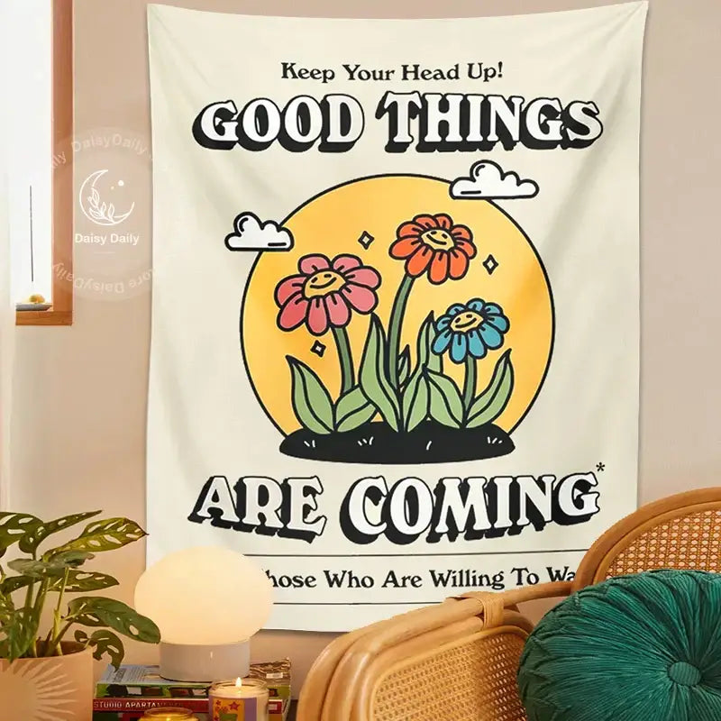 A cream-colored cartoon flowers tapestry wall hanging with bold black text and kawaii decorbites cartoon flowers design
