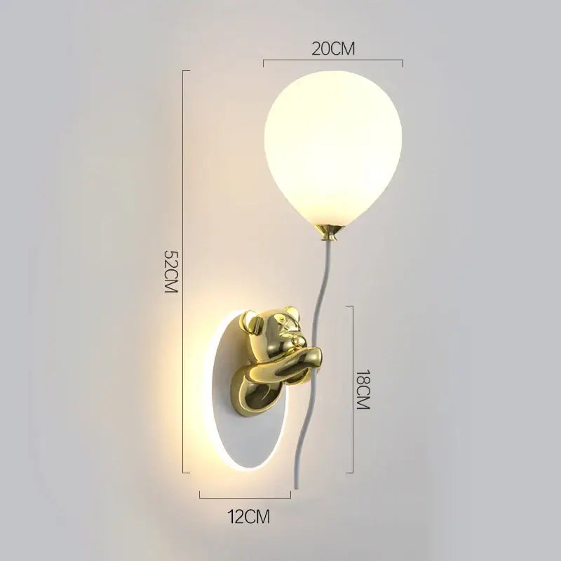 Kawaii gold-toned bear balloon wall light with frosted white lampshade ideal for children bedroom decorbites bear balloon