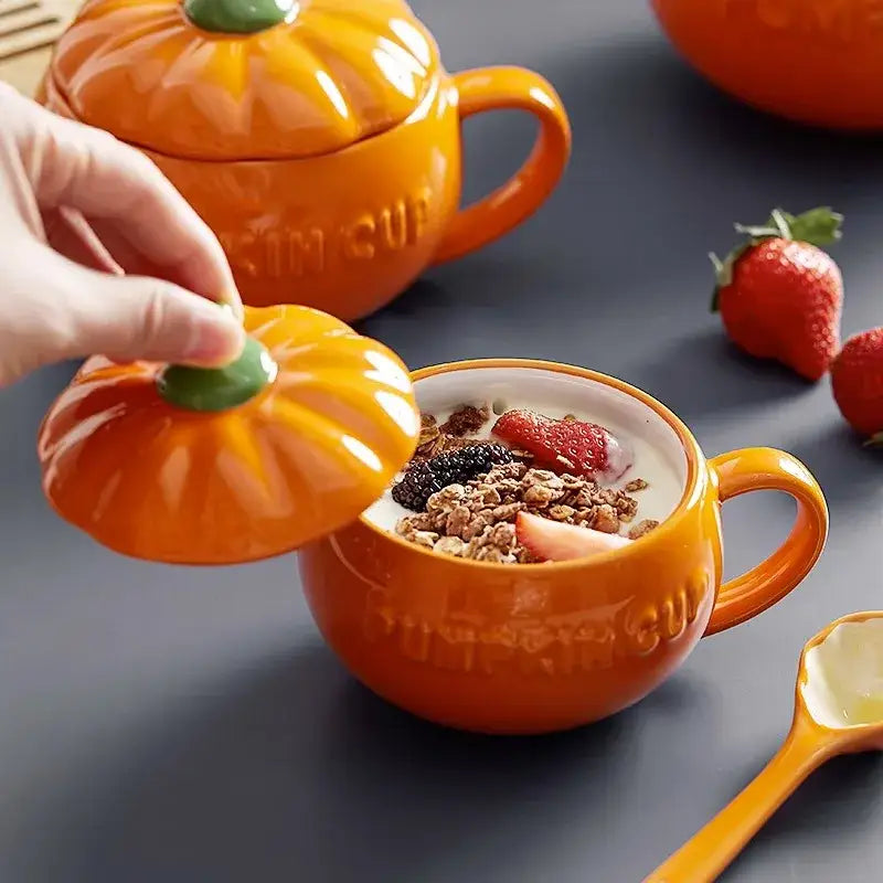 Kawaii orange halloween pumpkin shaped ceramic cup with green stem lid embossed with pumpkin cup for kitchen soup