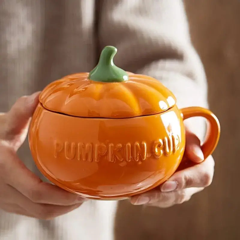 Kawaii orange halloween pumpkin shaped ceramic cup with green stem lid embossed pumpkin cup text for kitchen soup
