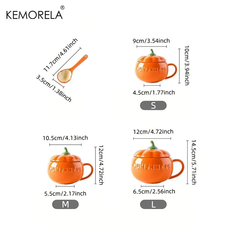 Kawaii orange halloween pumpkin shaped ceramic cup with lid in small medium and large sizes for kitchen use
