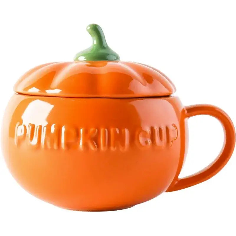 Kawaii orange halloween pumpkin shaped ceramic cup with green stem lid and pumpkin cup embossed for kitchen soup use