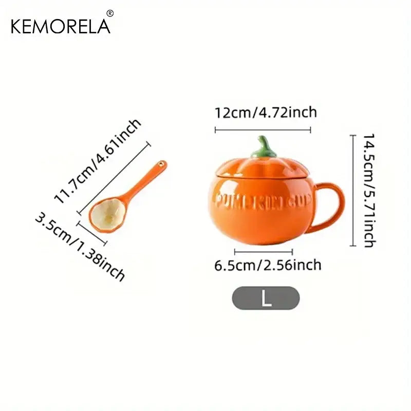 Kawaii orange halloween pumpkin shaped ceramic cup with lid featuring pure keeled embossed on side for kitchen use