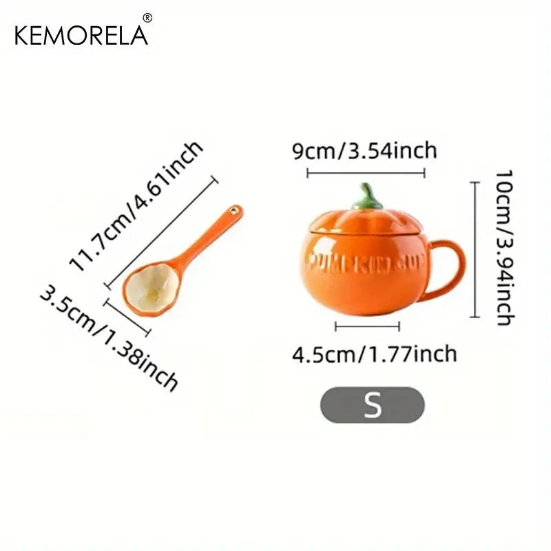 Kawaii orange halloween pumpkin shaped ceramic cup with green stem handle and embossed pumpkin word for kitchen use