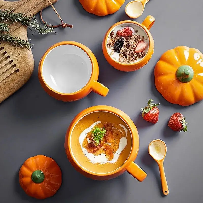 Kawaii orange halloween pumpkin shaped ceramic cup with green stem lid designed as a kitchen soup mug