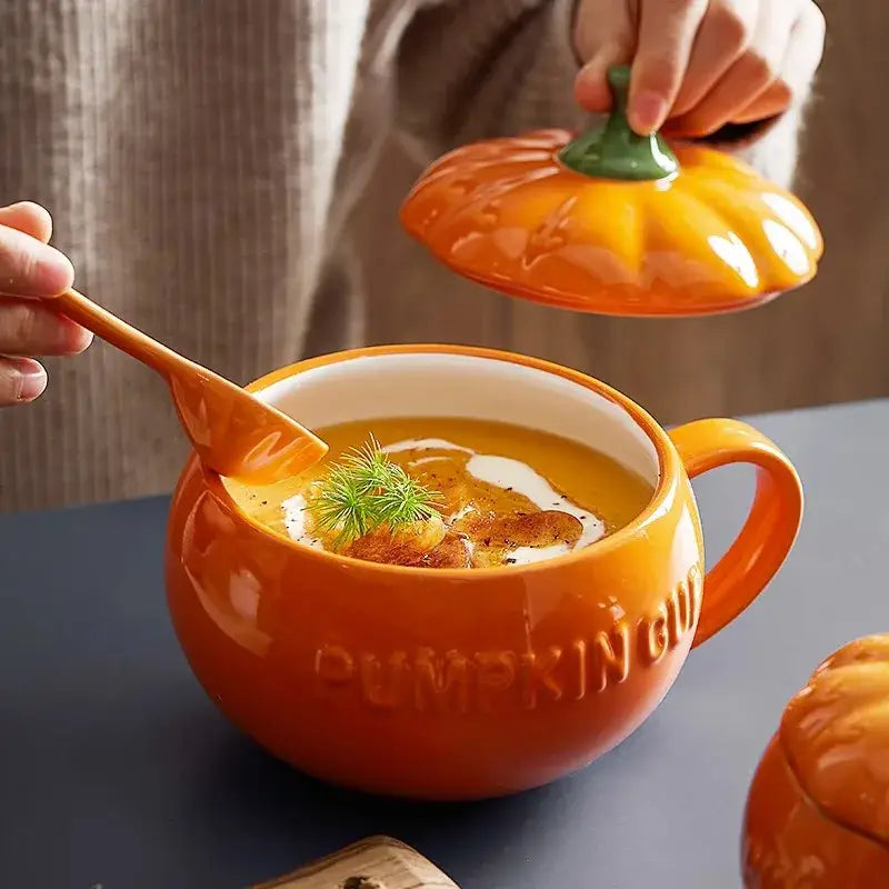 Kawaii orange halloween pumpkin shaped ceramic cup with lid and wooden spoon for kitchen soup serving