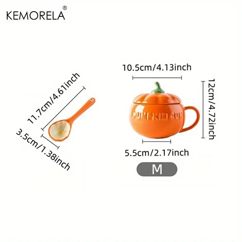 Kawaii orange halloween pumpkin shaped ceramic cup with lid featuring green stem handle and embossed pumpkin text
