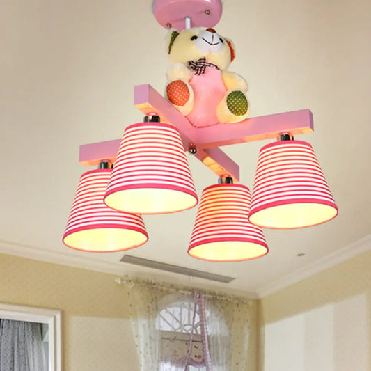 DecorBites™ DecorBites™ Kids' 4-Bulb Pink Barrel Semi-Mount Fabric Ceiling Lamp with Bear Decor