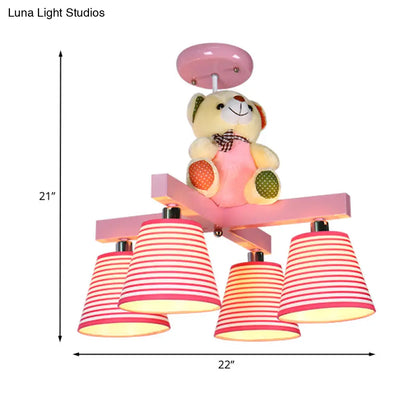 DecorBites™ DecorBites™ Kids' 4-Bulb Pink Barrel Semi-Mount Fabric Ceiling Lamp with Bear Decor