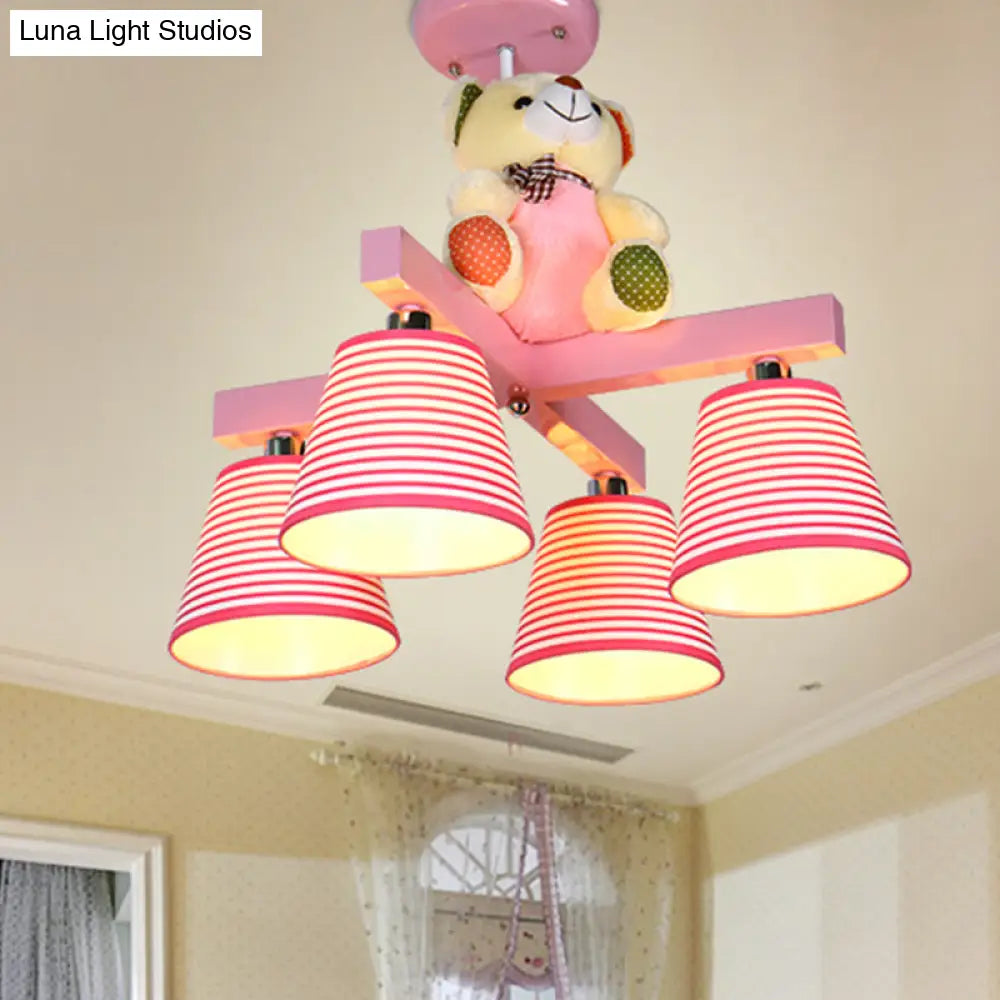 DecorBites™ DecorBites™ Kids' 4-Bulb Pink Barrel Semi-Mount Fabric Ceiling Lamp with Bear Decor