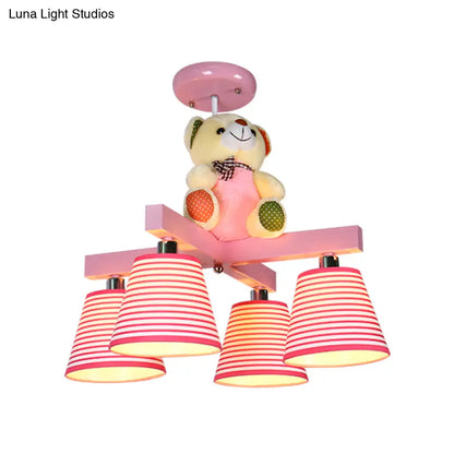 DecorBites™ DecorBites™ Kids' 4-Bulb Pink Barrel Semi-Mount Fabric Ceiling Lamp with Bear Decor