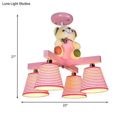 DecorBites™ DecorBites™ Kids' 4-Bulb Pink Barrel Semi-Mount Fabric Ceiling Lamp with Bear Decor