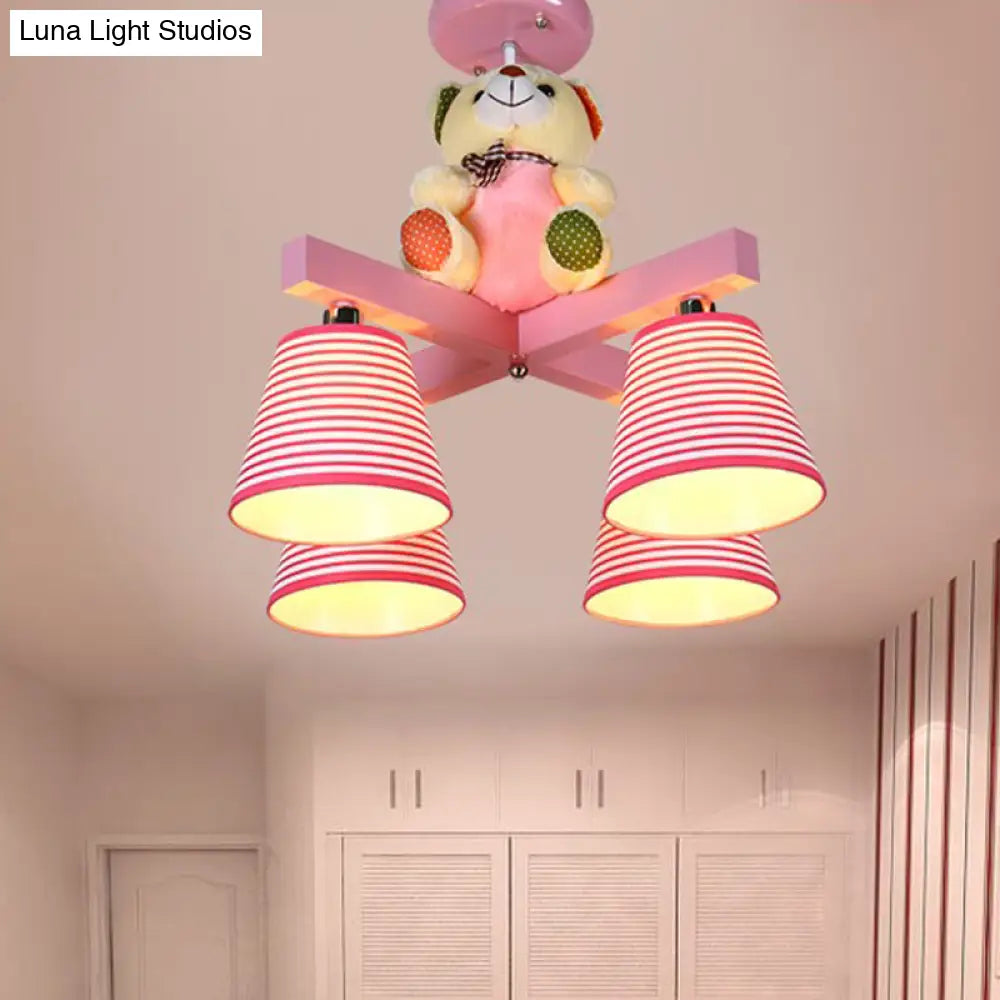DecorBites™ DecorBites™ Kids' 4-Bulb Pink Barrel Semi-Mount Fabric Ceiling Lamp with Bear Decor