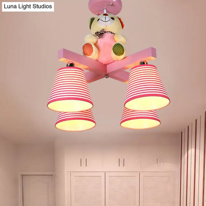 DecorBites™ DecorBites™ Kids' 4-Bulb Pink Barrel Semi-Mount Fabric Ceiling Lamp with Bear Decor