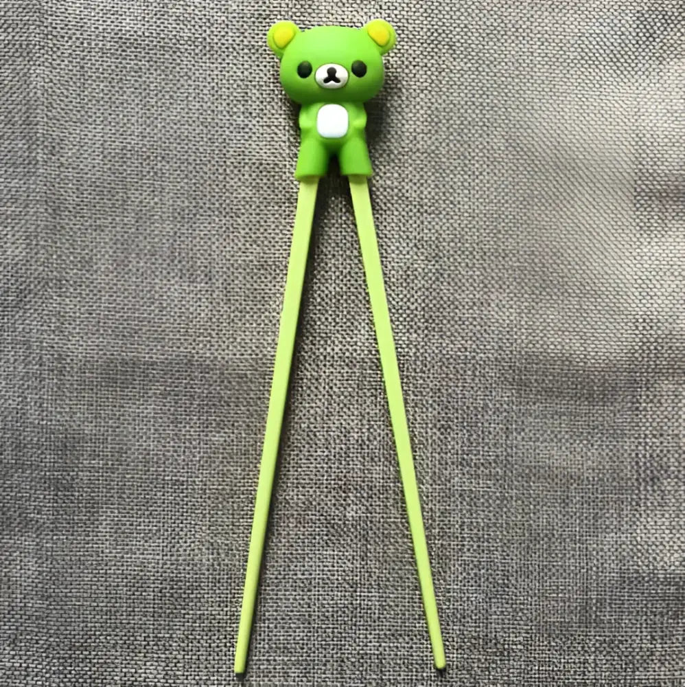 Green rilakkuma-themed silicone kids bear panda chopsticks with soft rounded bear head for dining room training gift