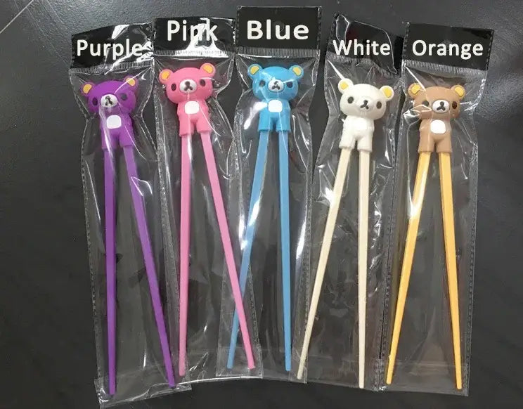 Cute bear-themed kids bear panda cat learning chopsticks set in purple pink blue white and orange packaging for training