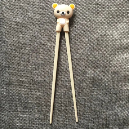 Cream-colored rilakkuma-themed kids bear panda chopsticks with plush bear head for dining room training gift decorbites kids bear