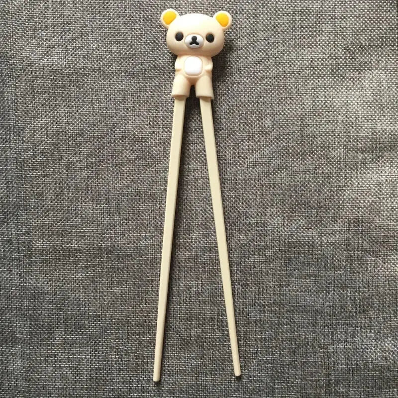 Cream-colored rilakkuma-themed kids bear panda chopsticks with plush bear head for dining room training gift decorbites kids bear