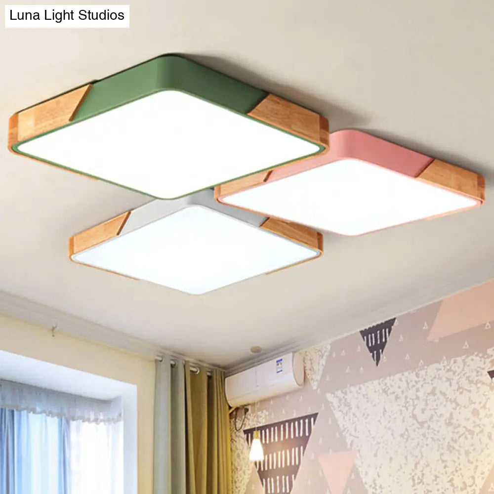 DecorBites™ DecorBites™ Kids Bedroom Ceiling Light - Nordic Green Square Flush Mount with Wood and Acrylic Shade