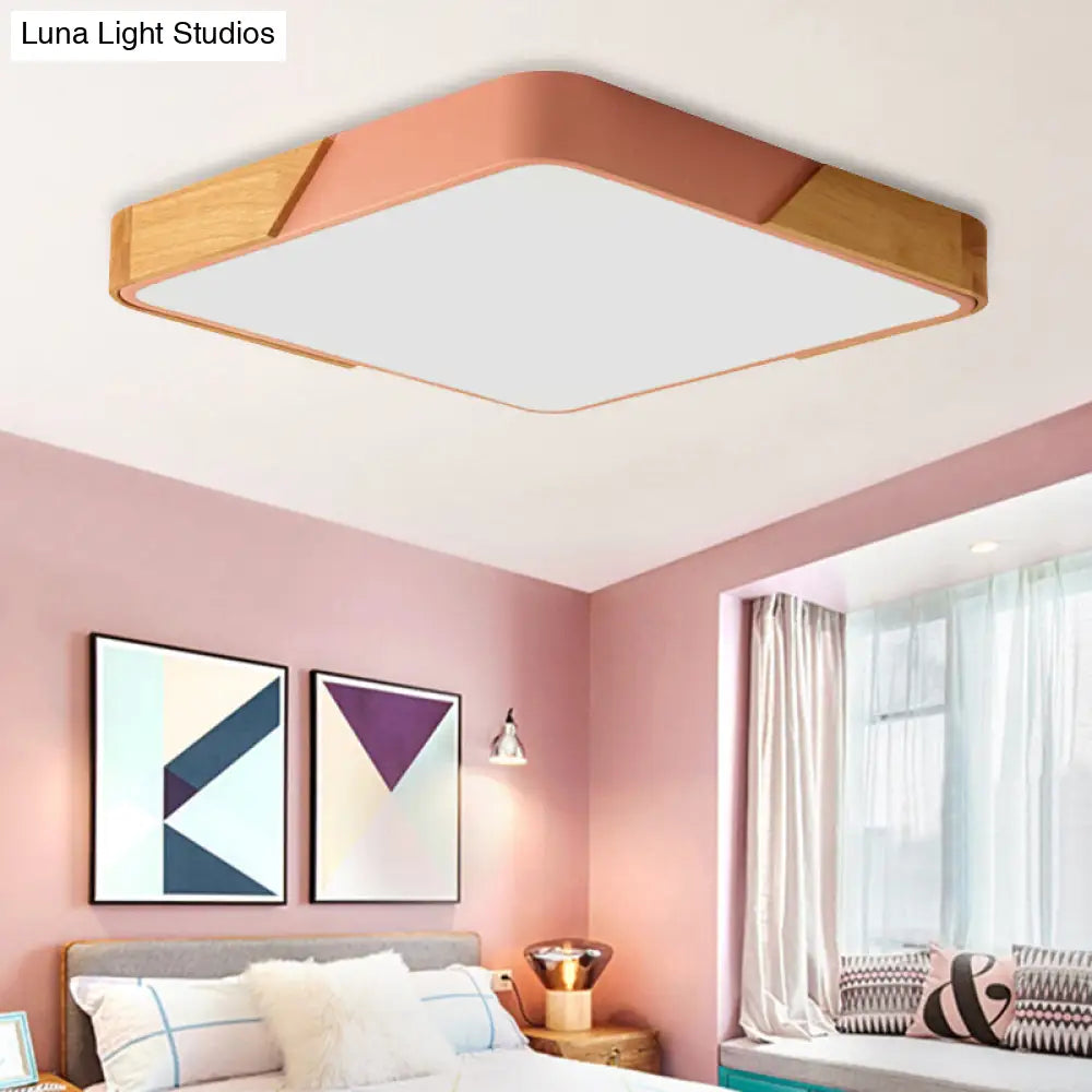 DecorBites™ DecorBites™ Kids Bedroom Ceiling Light - Nordic Green Square Flush Mount with Wood and Acrylic Shade