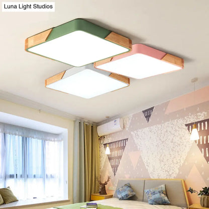 DecorBites™ DecorBites™ Kids Bedroom Ceiling Light - Nordic Green Square Flush Mount with Wood and Acrylic Shade