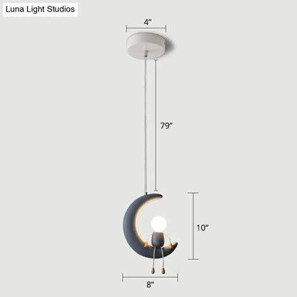 Kid's Bedroom Moon & Stick Figure Pendant Light - Creative Resin Design with 1 Head Drop