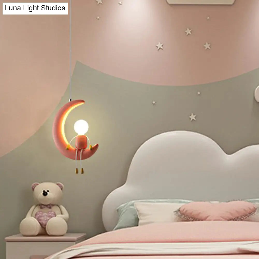 Kid's Bedroom Moon & Stick Figure Pendant Light - Creative Resin Design with 1 Head Drop