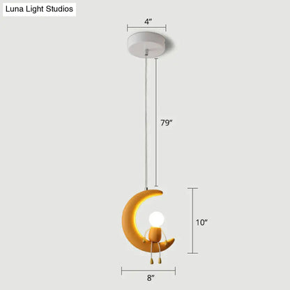 Kid's Bedroom Moon & Stick Figure Pendant Light - Creative Resin Design with 1 Head Drop