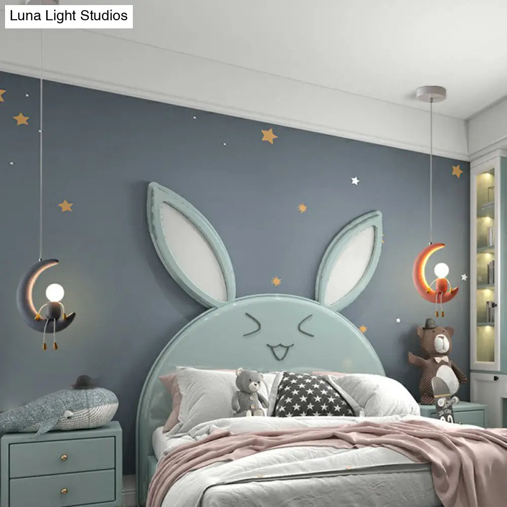 Kid's Bedroom Moon & Stick Figure Pendant Light - Creative Resin Design with 1 Head Drop