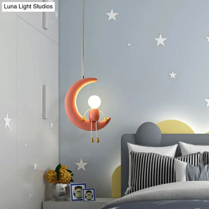 Kid's Bedroom Moon & Stick Figure Pendant Light - Creative Resin Design with 1 Head Drop