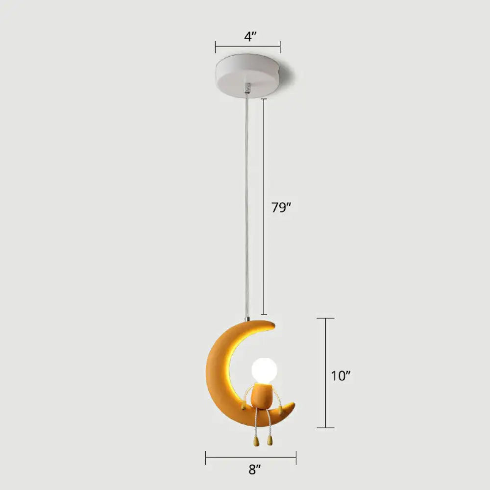 Kid's Bedroom Moon & Stick Figure Pendant Light - Creative Resin Design with 1 Head Drop