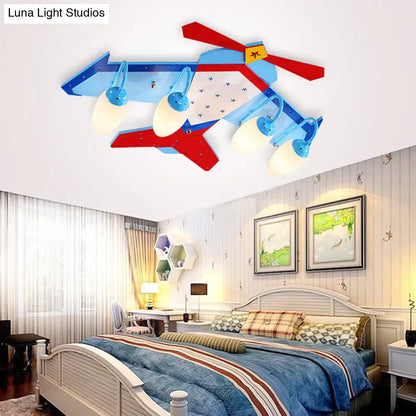DecorBites™ DecorBites™ Kids Blue Flush Mount Fixture with Oval Cream Glass Shade - Wooden Plane Flush Ceiling Light in Wood Finish