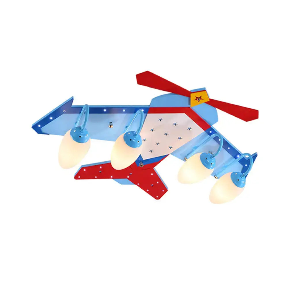 DecorBites™ DecorBites™ Kids Blue Flush Mount Fixture with Oval Cream Glass Shade - Wooden Plane Flush Ceiling Light in Wood Finish