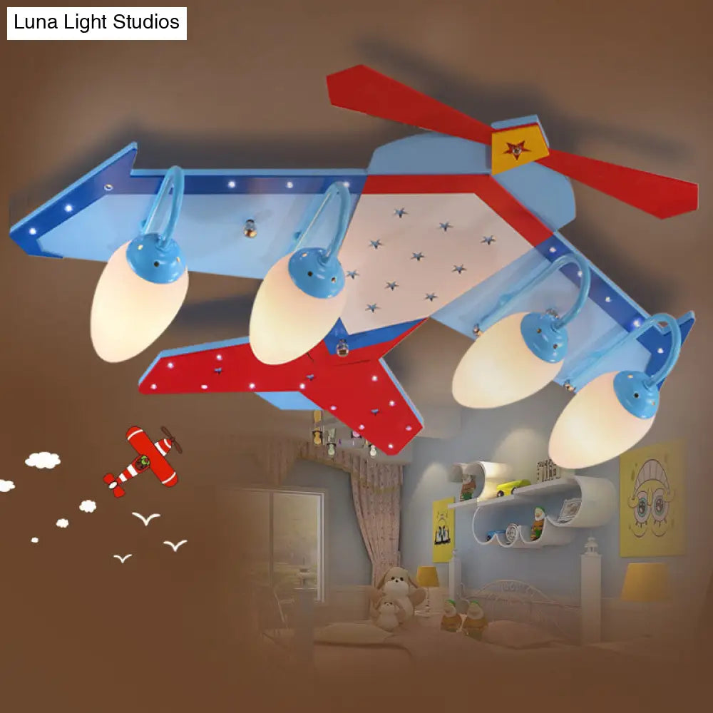 DecorBites™ DecorBites™ Kids Blue Flush Mount Fixture with Oval Cream Glass Shade - Wooden Plane Flush Ceiling Light in Wood Finish