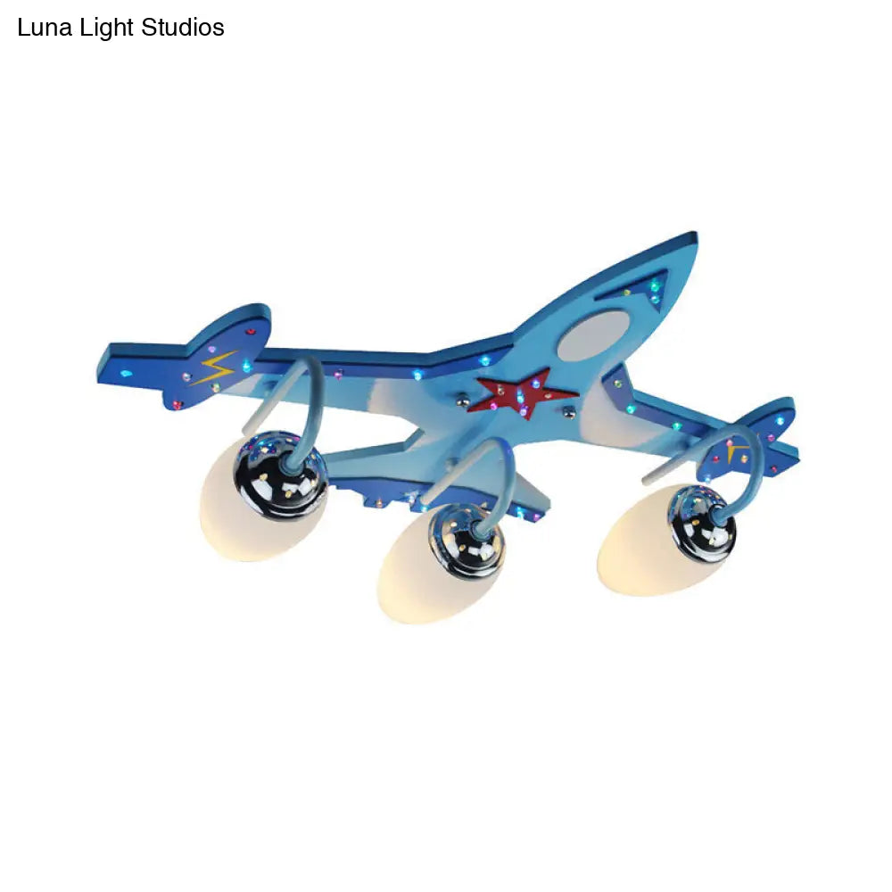 DecorBites™ DecorBites™ Kid's Blue Wooden Ceiling Light with 3-Light Flush Mount and Oval Milky Glass Shade