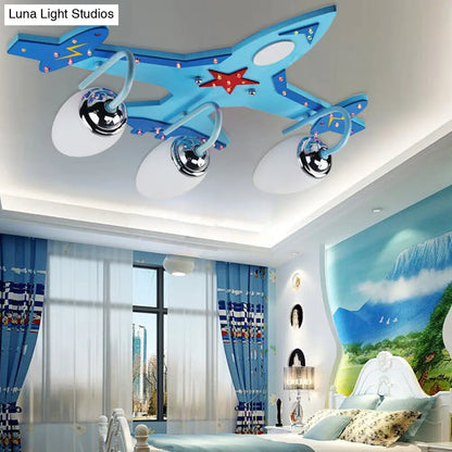 DecorBites™ DecorBites™ Kid's Blue Wooden Ceiling Light with 3-Light Flush Mount and Oval Milky Glass Shade