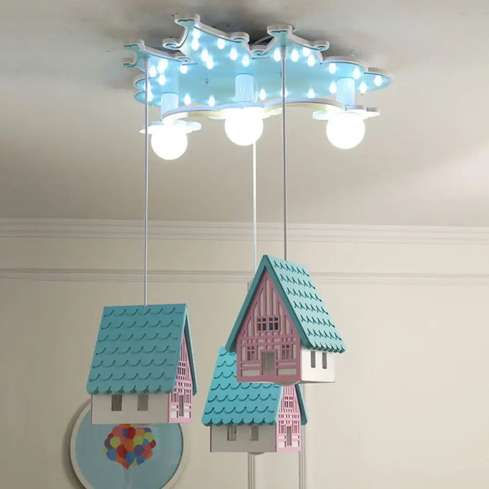 DecorBites™ DecorBites™ Kids' Cartoon Flushmount Lighting: Blue Semi Flush Mount Wooden 3-Bulb Fixture for Bedroom