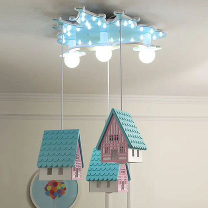 DecorBites™ DecorBites™ Kids' Cartoon Flushmount Lighting: Blue Semi Flush Mount Wooden 3-Bulb Fixture for Bedroom