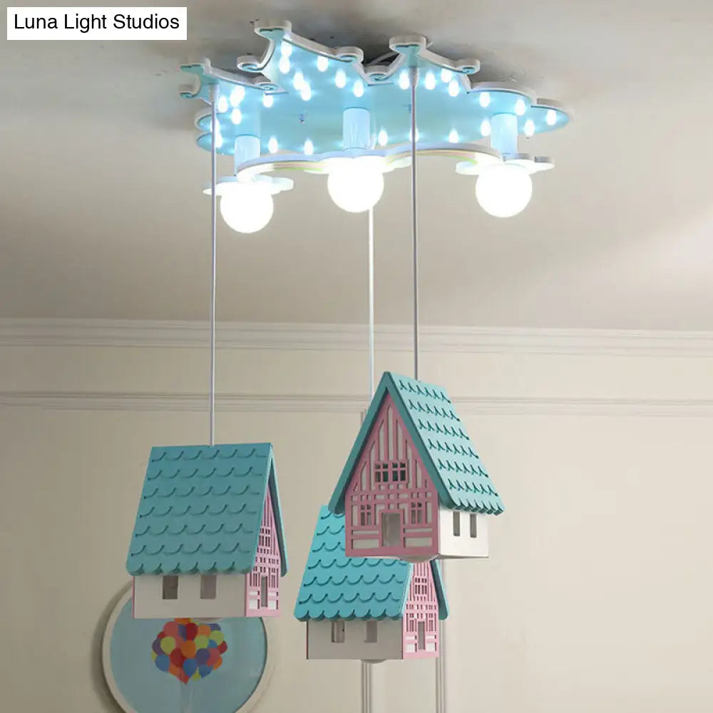 DecorBites™ DecorBites™ Kids' Cartoon Flushmount Lighting: Blue Semi Flush Mount Wooden 3-Bulb Fixture for Bedroom