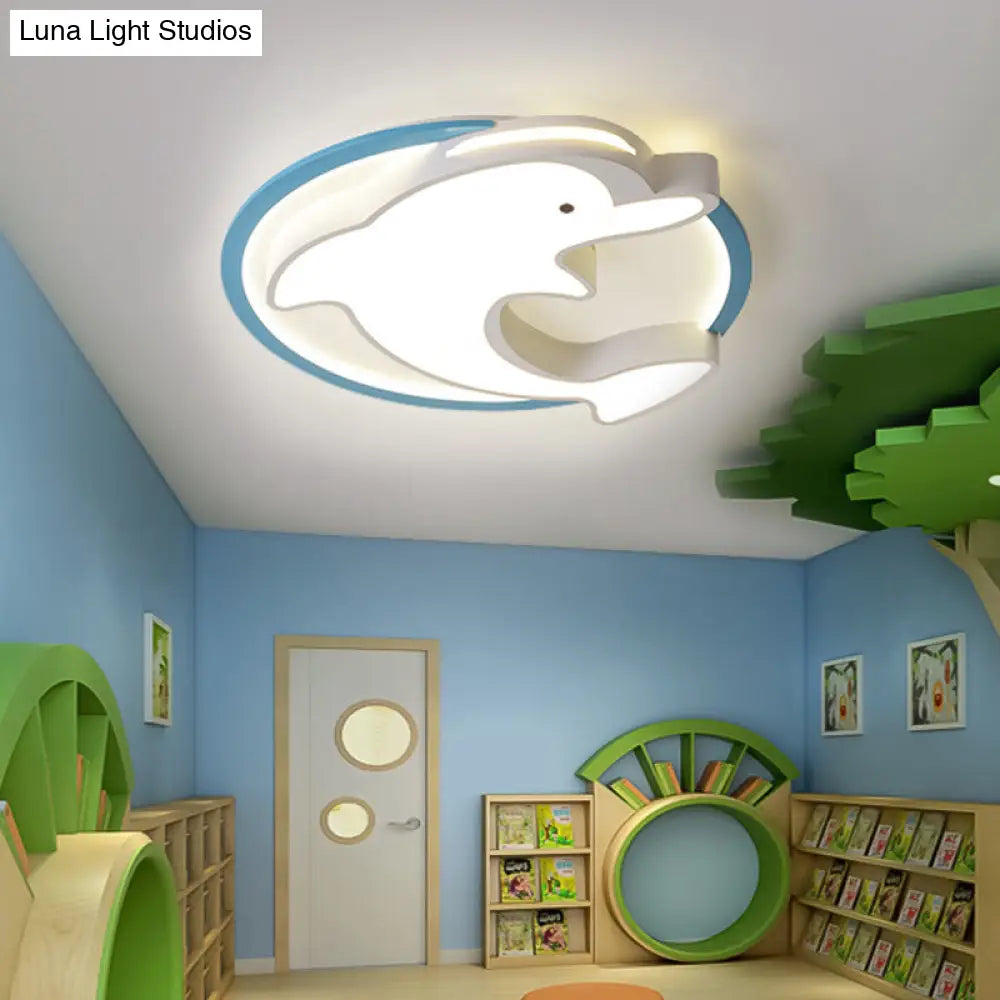 DecorBites™ DecorBites™ Kids LED Blue Dolphin Ceiling Light Fixture with Warm/White Light, Acrylic Shade, Flush Mount, 18"/23.5" W