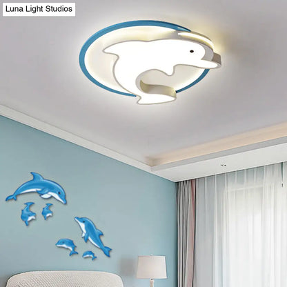 DecorBites™ DecorBites™ Kids LED Blue Dolphin Ceiling Light Fixture with Warm/White Light, Acrylic Shade, Flush Mount, 18"/23.5" W
