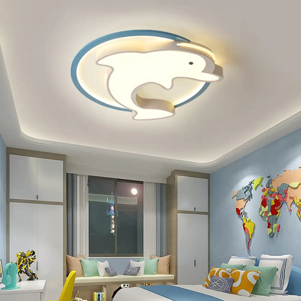 DecorBites™ DecorBites™ Kids LED Blue Dolphin Ceiling Light Fixture with Warm/White Light, Acrylic Shade, Flush Mount, 18"/23.5" W