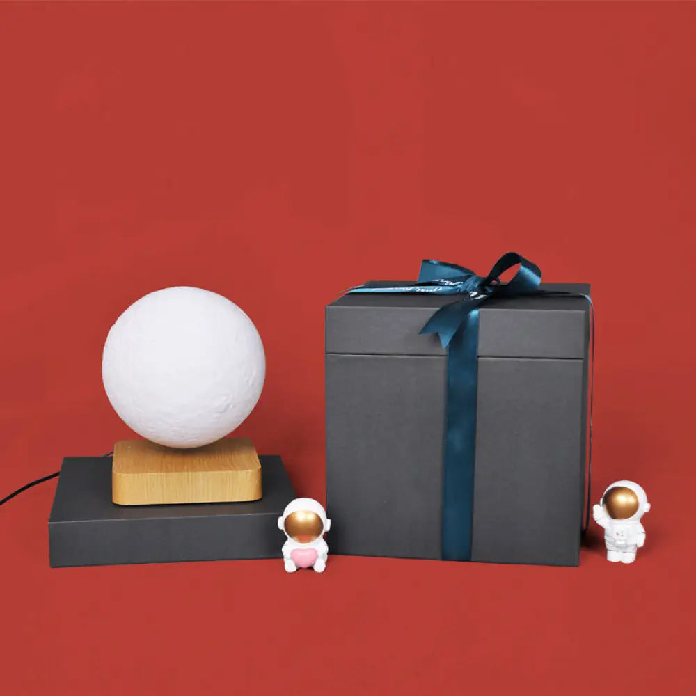 Kids Moon Sphere Maglev Table Lamp - Plastic Bedside LED Night Light in White-Wood