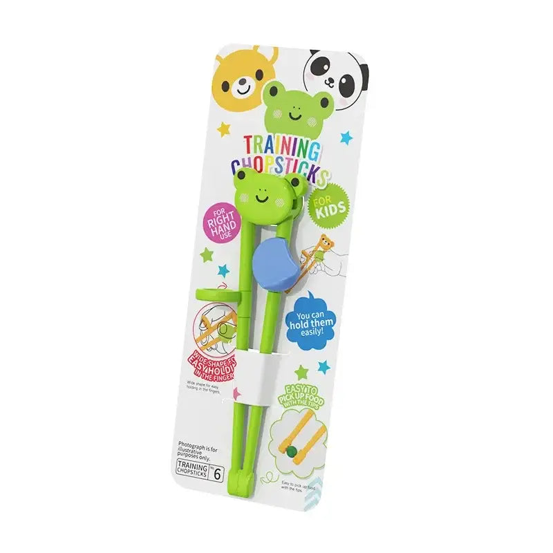 Green frog-shaped training chopsticks with blue handle for kids multicolor bear panda learning to use real chopsticks decorbites