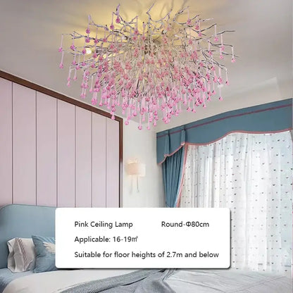 Delicate kids pink crystal chandelier with branching metallic arms and translucent glass droplets for bedroom decorbites kids pink