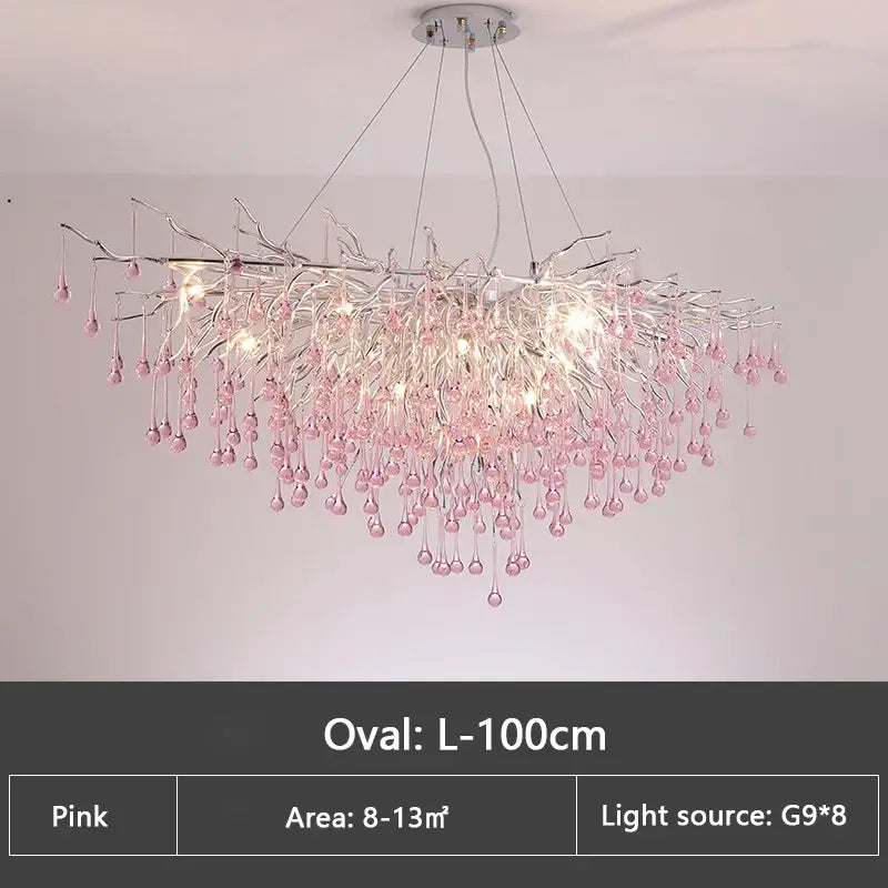 Kids pink crystal chandelier bedroom tree branch ceiling light with delicate pink crystals and silver-toned metal frame