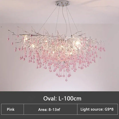 Kids pink crystal chandelier bedroom tree branch ceiling light with delicate pink crystals and silver-toned metal frame